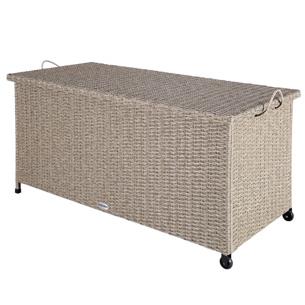 Opbevaringsboks 117x53x60cm polyrattan vandtæt rullebar 2 gastrykfjedre, grå beige